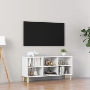 Comodă TV, picioare lemn masiv, alb, 103,5x30x50 cm