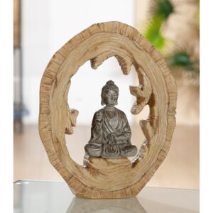 Decoratiune Buddha in Tree Trunk, rasina, maro gri, 16x20.5x5.5 cm