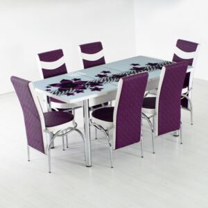 Set masa extensibila cu 6 scaune blat geam securizat cu 6 scaune piele eco Purple Hollywood, mov alb, 170x80x70 cm, cod produs smsyft16smov