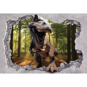 Dinosaur 3D Jumping Out Of Hole In Wall Fototapet, (104 x 70.5 cm)