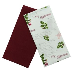 Prosop bucatarie, set 2 bucati, model floral, bumbac, bej + roz + verde, 70 x 50 cm