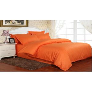Lenjerie de pat pentru o persoana cu husa elastic pat si fata perna dreptunghiulara, Elegance, damasc, dunga 1 cm 130 g mp, Portocaliu, bumbac 100%