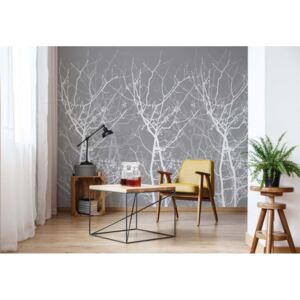Fototapet - Silhouette Tree And Birds Grey And White Vliesová tapeta - 254x184 cm