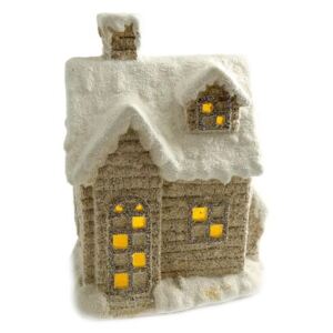 Decoratiune iarna, ceramica, casa cu ferestre luminate, alb si bej, LED, 25x18x36 cm