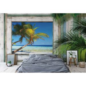 Fototapet - Wood Plank Window Tropical Beach View Vliesová tapeta - 416x254 cm