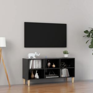 Comodă TV, picioare lemn masiv, negru extralucios, 103,5x30x50 cm