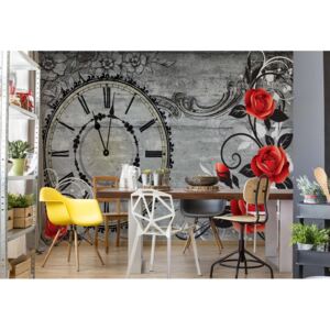Fototapet - Clock And Roses Vintage Wood And Floral Design Vliesová tapeta - 254x184 cm