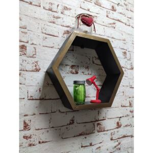 Raft de perete din lemn in forma hexagonala Carnival mic negru/auriu