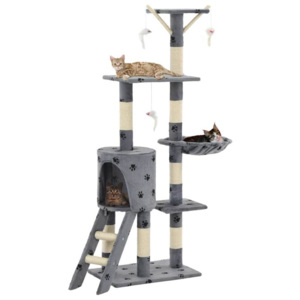Ansamblu pisici stâlpi funie sisal, 138 cm imprimeu lăbuțe, gri