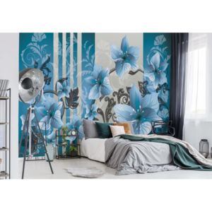 Fototapet - Floral Pattern With Swirls Blue Vliesová tapeta - 206x275 cm
