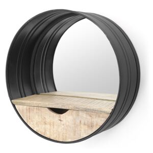 Oglinda rotunda cu rama din fier neagra, cu raft din lemn, 40 x 40 x 15 cm