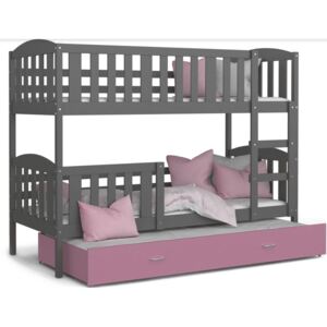 Pat supraetajat copii cu pat suplimentar KUBA 3 color + saltea + somieră GRATIS, 190x80, gri/roz