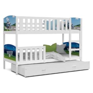 Dětská patrová postel DOBBY 3 color s potiskem + matrace + rošt ZDARMA, 184x80, bílá/vzor D04/H09