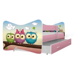 Pohádková dětská postel TOMÁŠ se zásuvkou + matrace + rošt ZDARMA, 140x70, růžová/VZOR 01