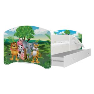 Pat pentru copii cu imprimeu LUCIE + saltea + somieră GRATIS, 140x80, alb/MODEL 34
