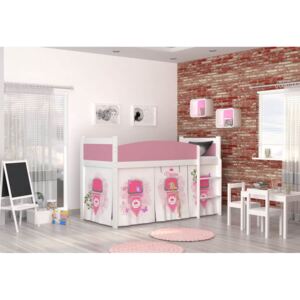 Pat cort pentru copiiSWING + saltea + somieră GRATIS, 184x80, alb/model CASTEL PRINCESS/roz