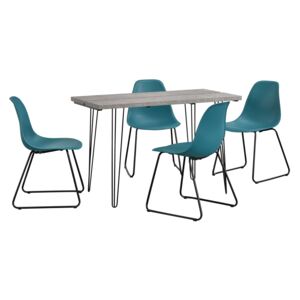 [en.casa]® Set Porto masa design bucatarie cu 4 scaune design, Model 2, MDF/otel/plastic, 83 x 46 x 52 cm, efect beton/turcoaz