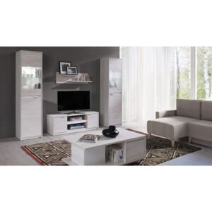 Mobilă sufragerie KOLOREDO 2 - Comodă TV RTV2D + 2x vitrină + masă cafea + raft, stejar alb/alb luciu