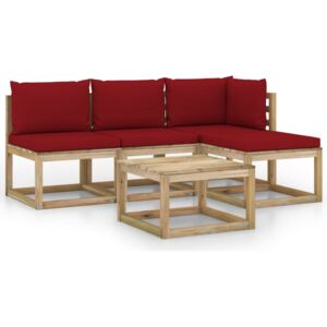 Set mobilier de grădină, 5 piese, cu perne roșu vin