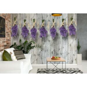 Fototapet - Lavender Bunches On Wood Plank Wall Vintage Style Vliesová tapeta - 254x184 cm