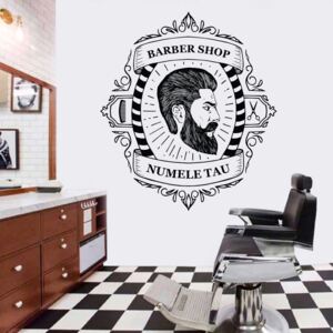 Sticker Decorativ Salon Barber Shop / Frizerie, 47x53 cm, Negru, Oracal