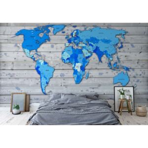 Fototapet - Blue World Map On Wood Background Papírová tapeta - 254x184 cm