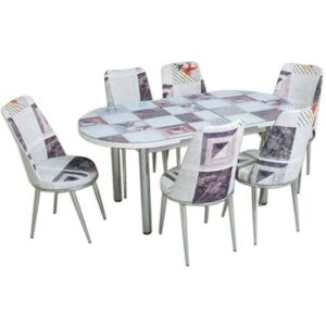 Set masa extensibila ovala + 6 scaune New Design Modella ,bej, 170x80x77 cm, blat sticla securizata, scaune material textil, cod produs mcov235