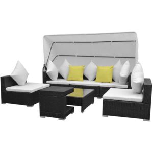 Set mobilier de grădină cu baldachin, 7 piese, negru, poliratan
