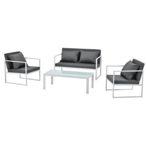 Set mobilier gradina, masa, 2 scaune, canapea, metal/sticla/poliester, alb/gri deschis