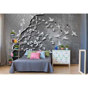 Fototapet - Grey Birds And Tree Modern Illustration Papírová tapeta - 368x280 cm