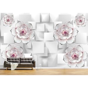 Tapet Premium Canvas - Flori gri cu alb
