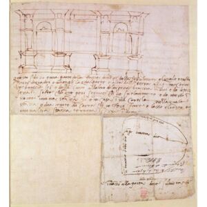 W.23r Architectural sketch with notes Reproducere, Michelangelo Buonarroti