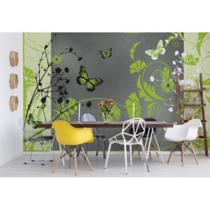 Fototapet - Flowers And Butterflies Modern Design Green Vliesová tapeta - 368x254 cm