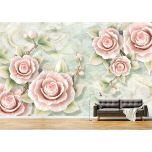 Tapet Premium Canvas - Flori roz cu fundal verde