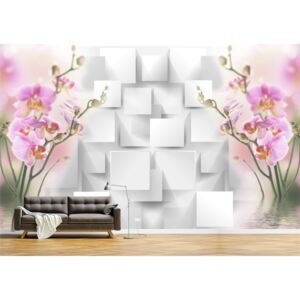 Tapet Premium Canvas - Flori roz cu patrate albe