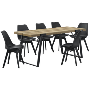 [en.casa] Set masa bucatarie/salon cu 6 scaune Ivona, masa: 180 x 80 x 77 cm, scaun: 83 x 48 x 54 cm, otel/MDF/plastic, culoarea lemnului/negru