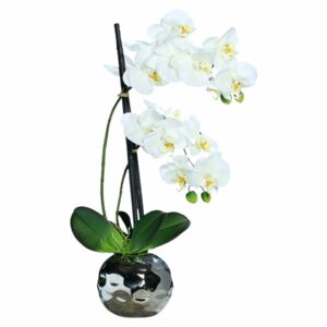 Orhidee Phalaenopsis albă în vas ceramic argintiu, aspect 100% natural, 50 cm