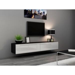 Comoda TV cu 2 usi suspendata Vigo, negru alb lucios, 180x40x30 cm