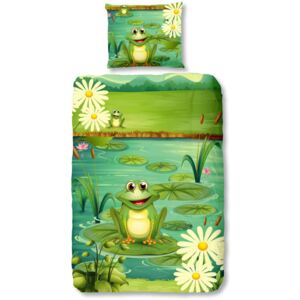 Lenjerie de pat din bumbac pentru copii Good Morning Frogs, 140 x 200 cm
