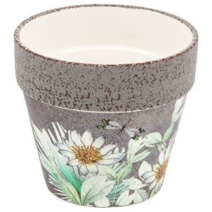 Recipient ceramic de ghiveci Foli, cu flori deprimăvară, 14 cm