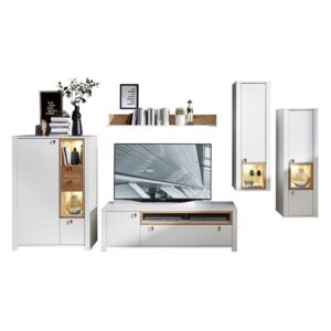 Set de mobila living din pal si MDF, 5 piese Selina Alb / Natur