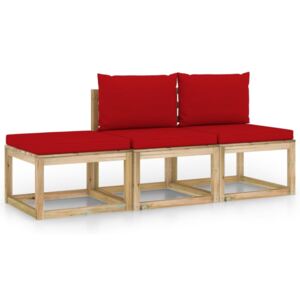 Set mobilier de grădină cu perne, 3 piese, roșu
