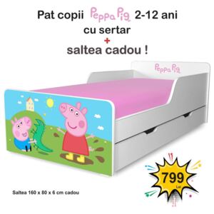 Pat copii Peppa Pig 2-12 ani cu sertar si saltea cadou