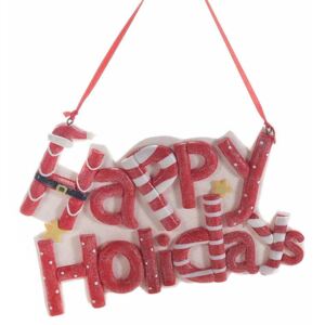 Decoratiune suspendabila din polirasina alba rosie Happy Holidays 17x12 cm