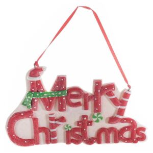 Decoratiune suspendabila din polirasina alba rosie Merry Christmas 17x12 cm