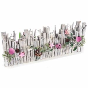 Gard decorativ de mesteacăn cu conuri de pin si leduri 100x18 cm