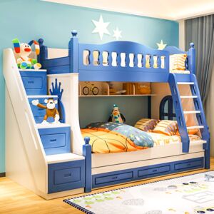 Paturi supraetajate Corel Albastru din lemn masiv si MDF, cu 3 sertare pentru depozitare, scara si dulap depozitare 4 sertare pentru dormitor copii cod A08A