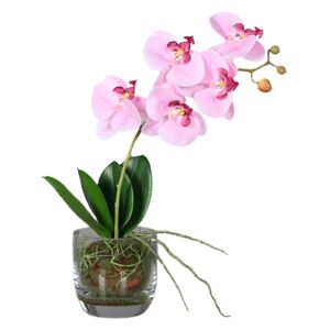Orhidee artificiala Phalaenopsis roz deschis cu aspect 100% natural in vas de sticla, 42 cm