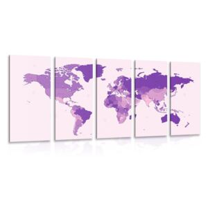 Tablou 5-piese harta detaliată a lumii în culoare violet