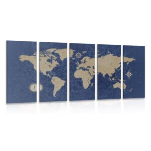 Tablou 5-piese harta lumii cu busolă în stil retro pe un fundal albastru